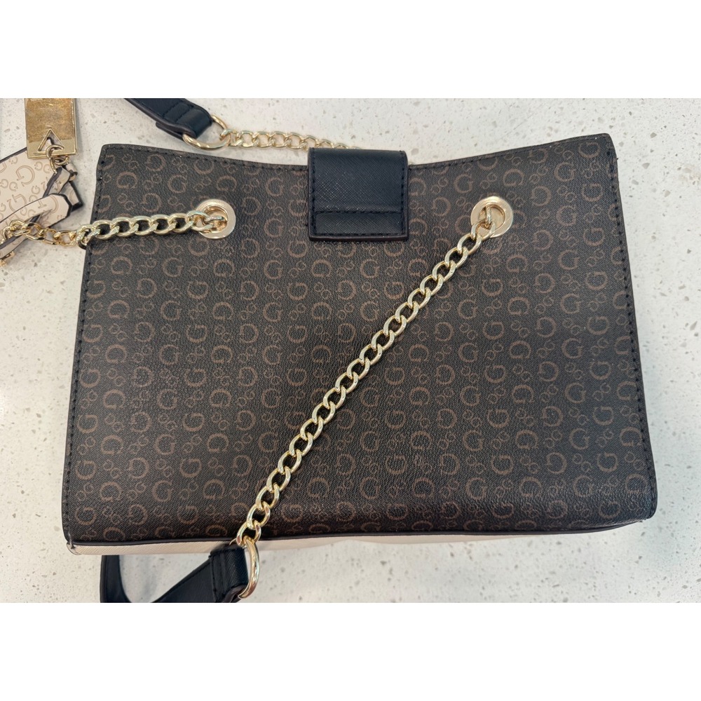 Guess‎ Satchel Handbag Womens Brown Good Classic Chic Monogram Chain Strap Bag - Picture 9 of 11